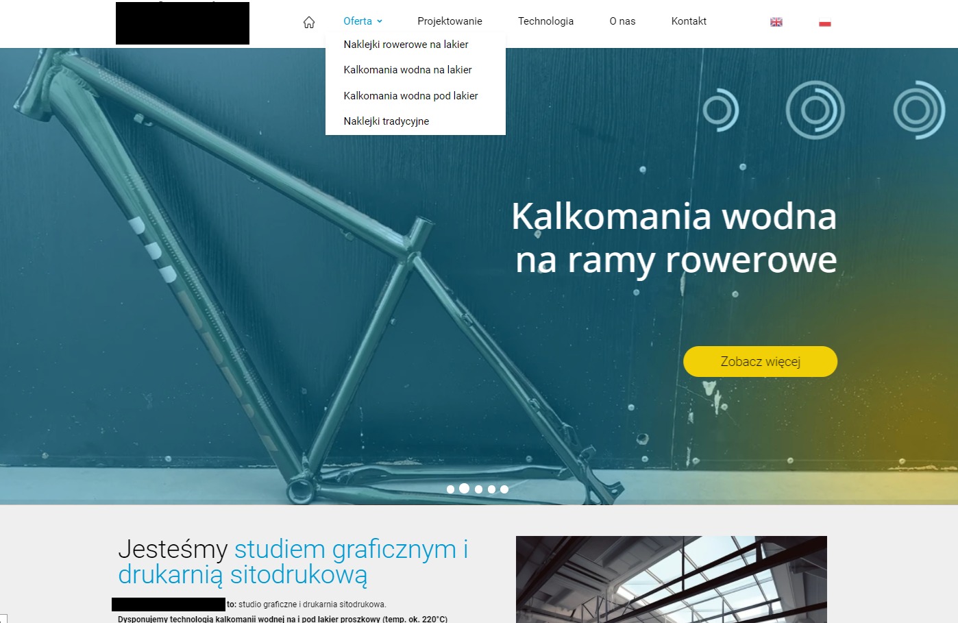 Strona internetowa studia graficznego z ofertą kalkomanii wodnej na ramy rowerowe, widoczny fragment ramy roweru i menu nawigacyjne.