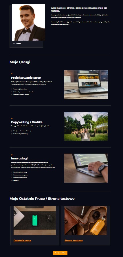 Fragment strony internetowej prezentujący ofertę: projektowanie stron, copywriting/grafika, inne usługi, a także portfolio zrealizowanych projektów.