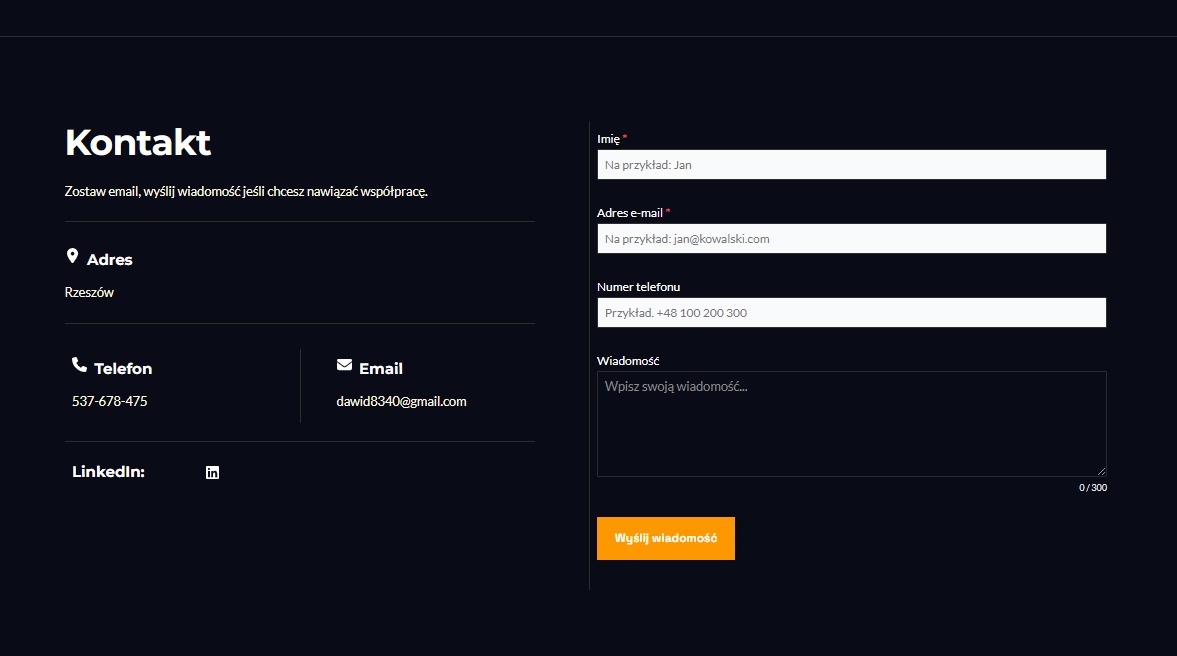 Formularz kontaktowy na ciemnym tle z polami do wpisania imienia, adresu e-mail, numeru telefonu i wiadomości. Sekcja kontaktowa zawiera adres Rzeszów, numer telefonu 537-678-475 i adres e-mail...