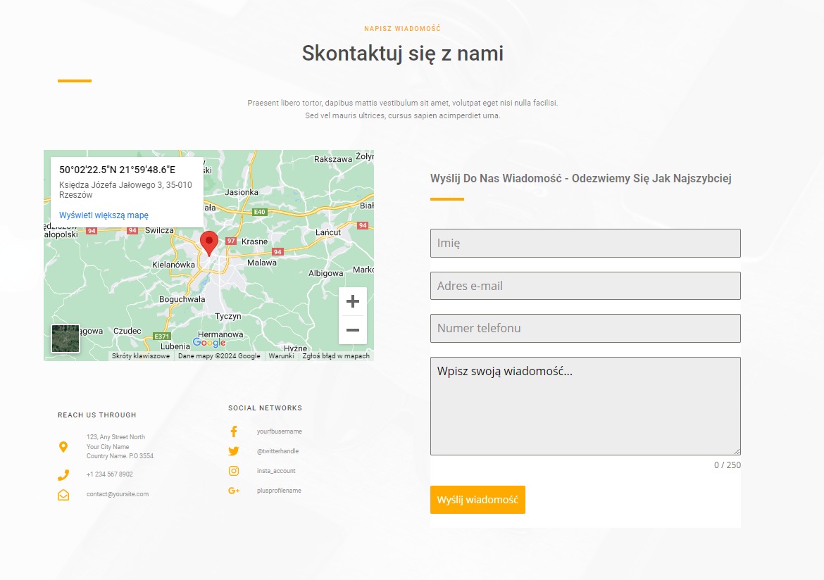 Formularz kontaktowy z mapą lokalizacji firmy, polami na imię, adres e-mail, numer telefonu i wiadomość, wraz z linkami do mediów społecznościowych.
