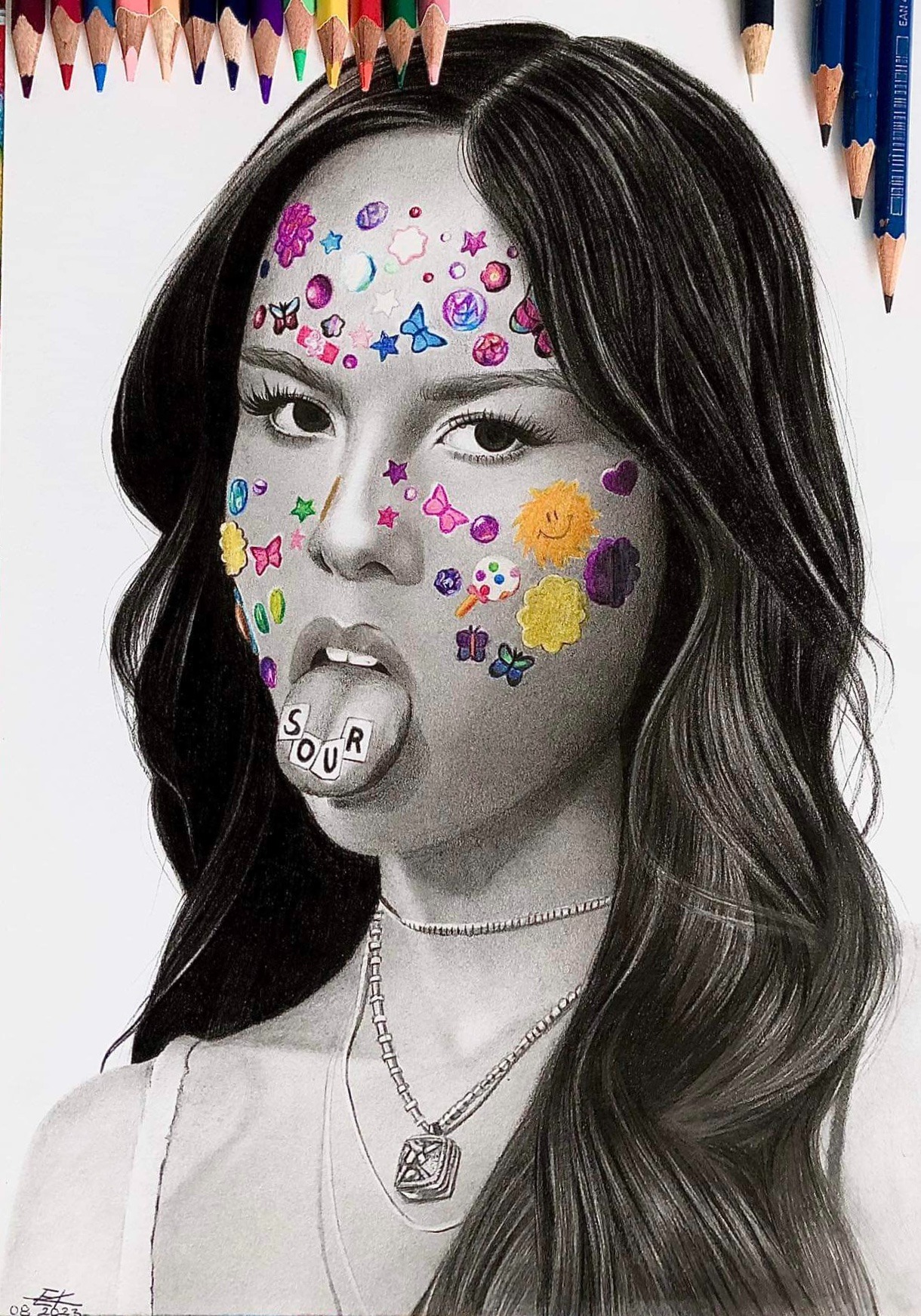 Olivia Rodrigo portret A4 - ołówek oraz kredki. sierpień 2023