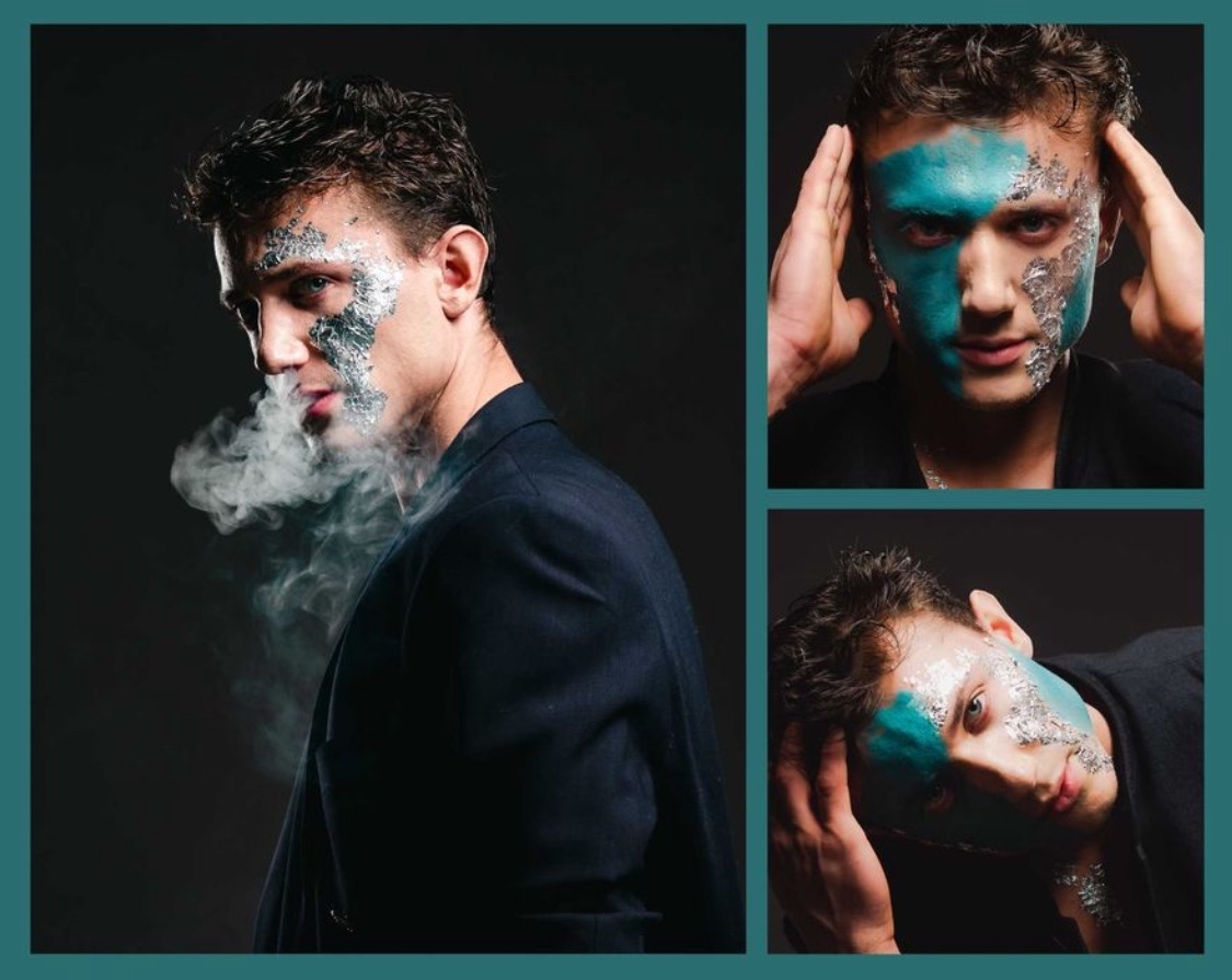 Portret mężczyzny w marynarce z artystycznym makijażem twarzy, w tym srebrne płatki i turkusowa farba, na ciemnym tle, w różnych ujęciach.