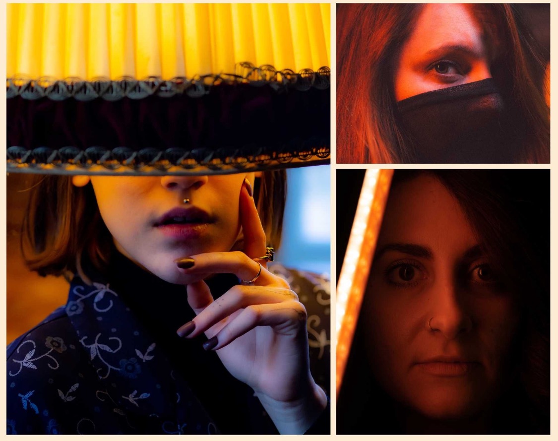 Kolaż trzech portretów kobiet w różnym oświetleniu: jedna z piercingiem pod lampą, druga z zasłoniętą twarzą w czerwonym świetle, trzecia z nosem przekłutym obok pionowej lampy.