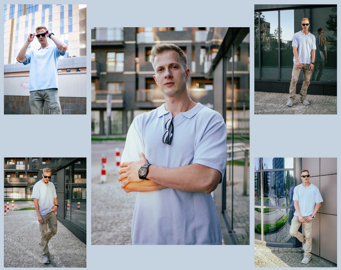 Młody mężczyzna w błękitnej koszulce polo i spodniach cargo pozuje na tle nowoczesnej architektury miejskiej, prezentując różne ujęcia stylizacji.