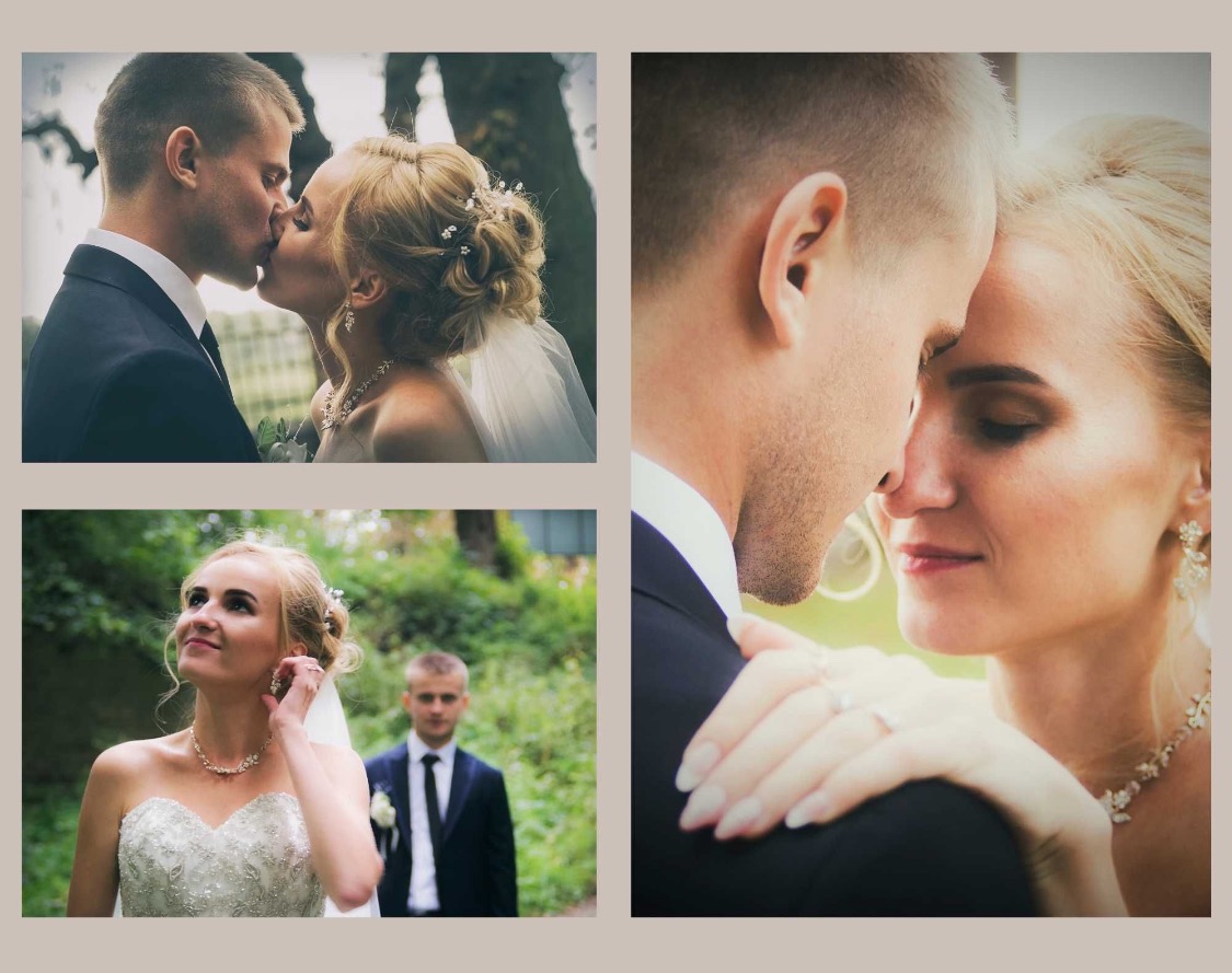 Kolaż zdjęć pary młodej: pocałunek na tle drzew, zbliżenie twarzy z dłońmi na ramieniu, panna młoda poprawiająca kolczyk z zamyślonym panem młodym w tle.