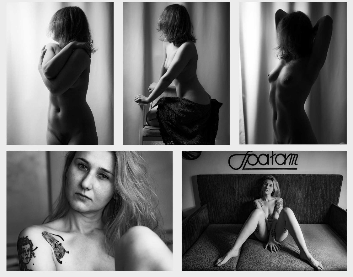 Czarno-biały kolaż z sesji kobiecej: różne ujęcia nagiej kobiety, w tym zbliżenie na twarz z tatuażami na ramieniu i pozy na tle zasłony oraz na kanapie.