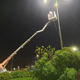 Pracownik w koszu podnośnika teleskopowego przy latarni ulicznej, nocą, oświetlenie robocze włączone, zieleń w tle.