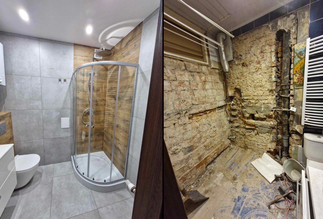 Porównanie stanu łazienki przed i po remoncie: po lewej stronie wyremontowana łazienka z kabiną prysznicową, szarymi płytkami i drewnopodobnymi panelami, po prawej stronie surowa ściana z cegły...
