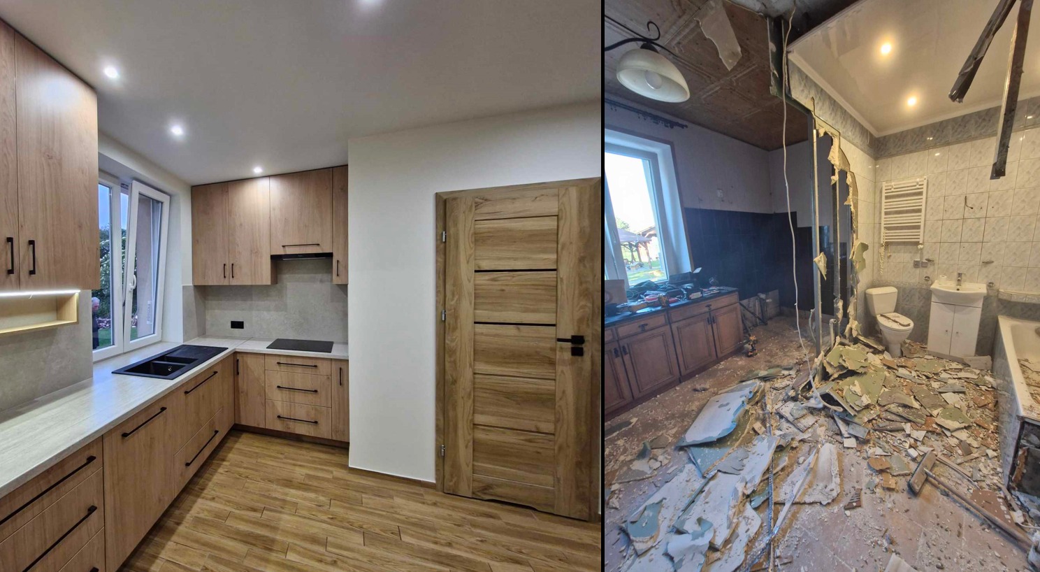 Fotografia przedstawia zestawienie dwóch pomieszczeń: kuchni z drewnianymi meblami po remoncie oraz łazienki w trakcie demontażu, z widocznymi odpadami i narzędziami.
