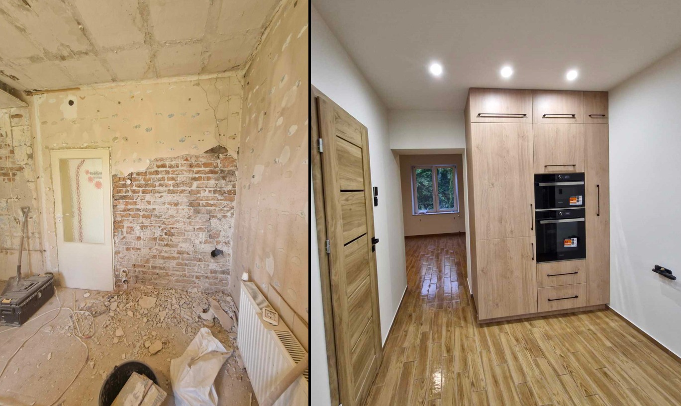 Porównanie stanu przed i po remoncie kuchni: od surowej ściany z odsłoniętą cegłą i gruzem po nowoczesne wnętrze z drewnianymi meblami, parkietem i wbudowanym piekarnikiem.