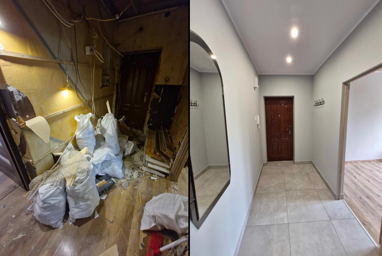 Korytarz przed i po remoncie: po lewej stronie widoczne worki z gruzem, odsłonięte kable i zniszczone ściany, po prawej stronie odnowiony korytarz z szarą farbą, nową podłogą i lustrem.