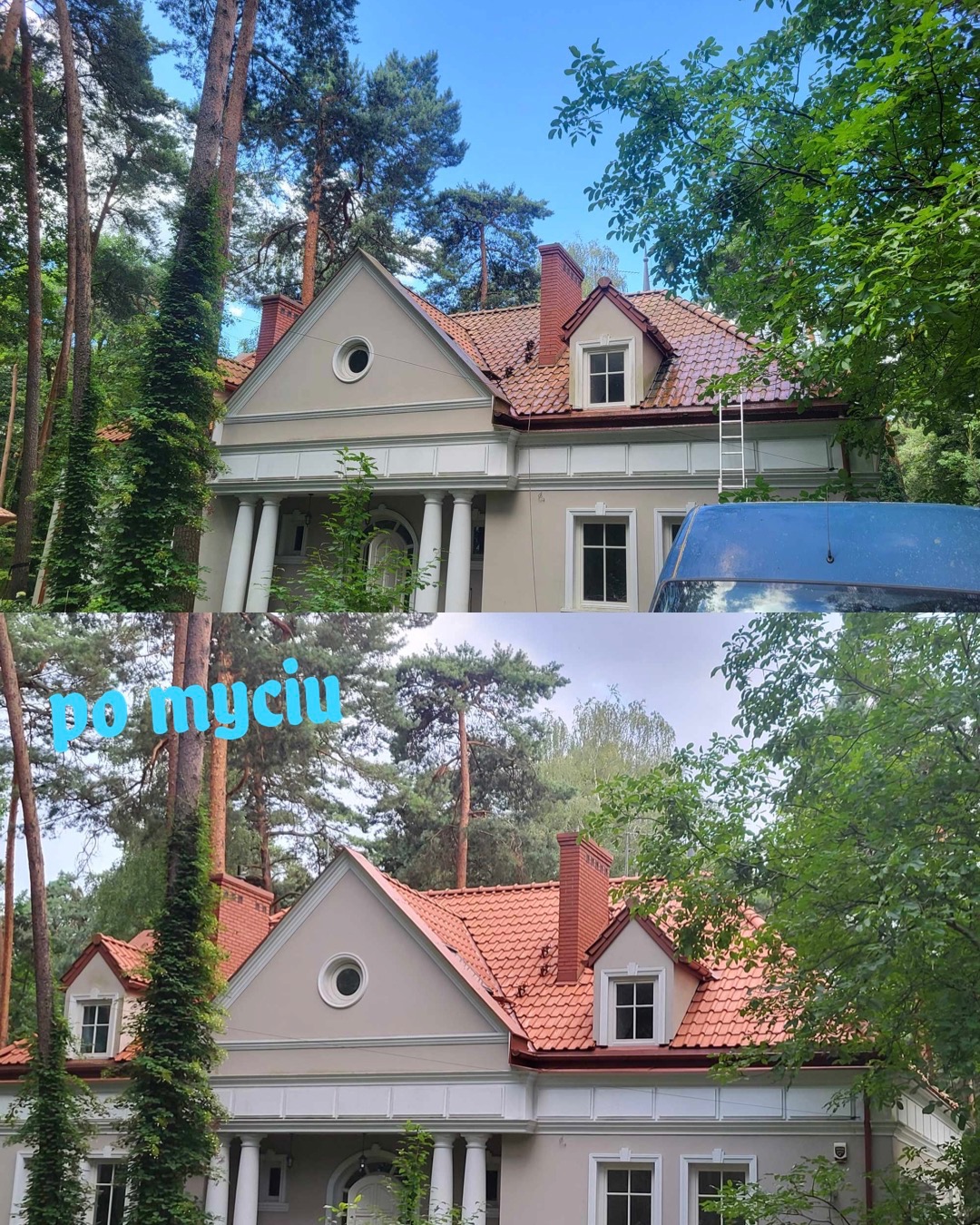 Dwuczęściowe ujęcie domu z czerwonym dachem przed i po umyciu, widoczne różnice w czystości dachu i elewacji, drabina oparta o dach, fragment samochodu serwisowego.