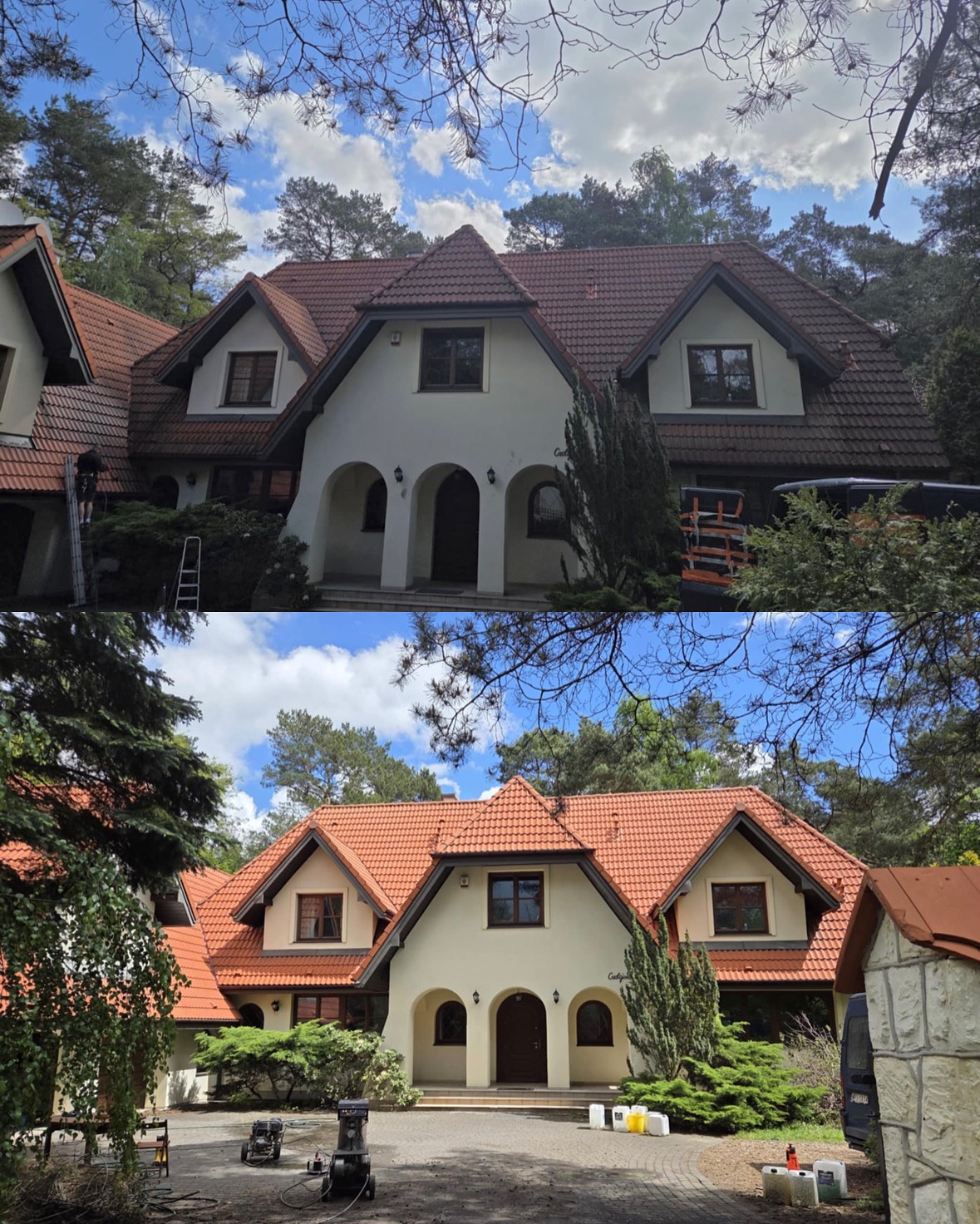 Zdjęcie 'przed i po' mycia dachu i elewacji domu z czerwonym dachem. Na dole widok po umyciu, na górze przed. Widoczne urządzenia czyszczące i drabina.