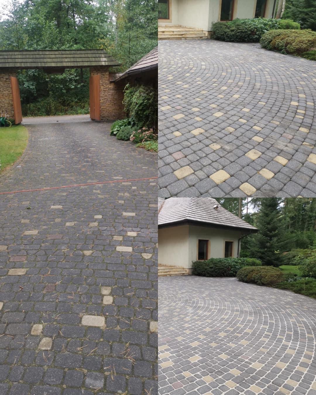 Mycie kostki brukowej: efekt przed i po na posesji z bramą i domem. Ciemna, zabrudzona kostka po lewej, czysta i odświeżona po prawej stronie zdjęcia.