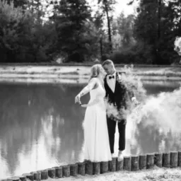 Czarno-białe zdjęcie pary młodej stojącej na drewnianej konstrukcji nad jeziorem, otoczonej białym dymem z rac dymnych trzymanych w dłoniach.