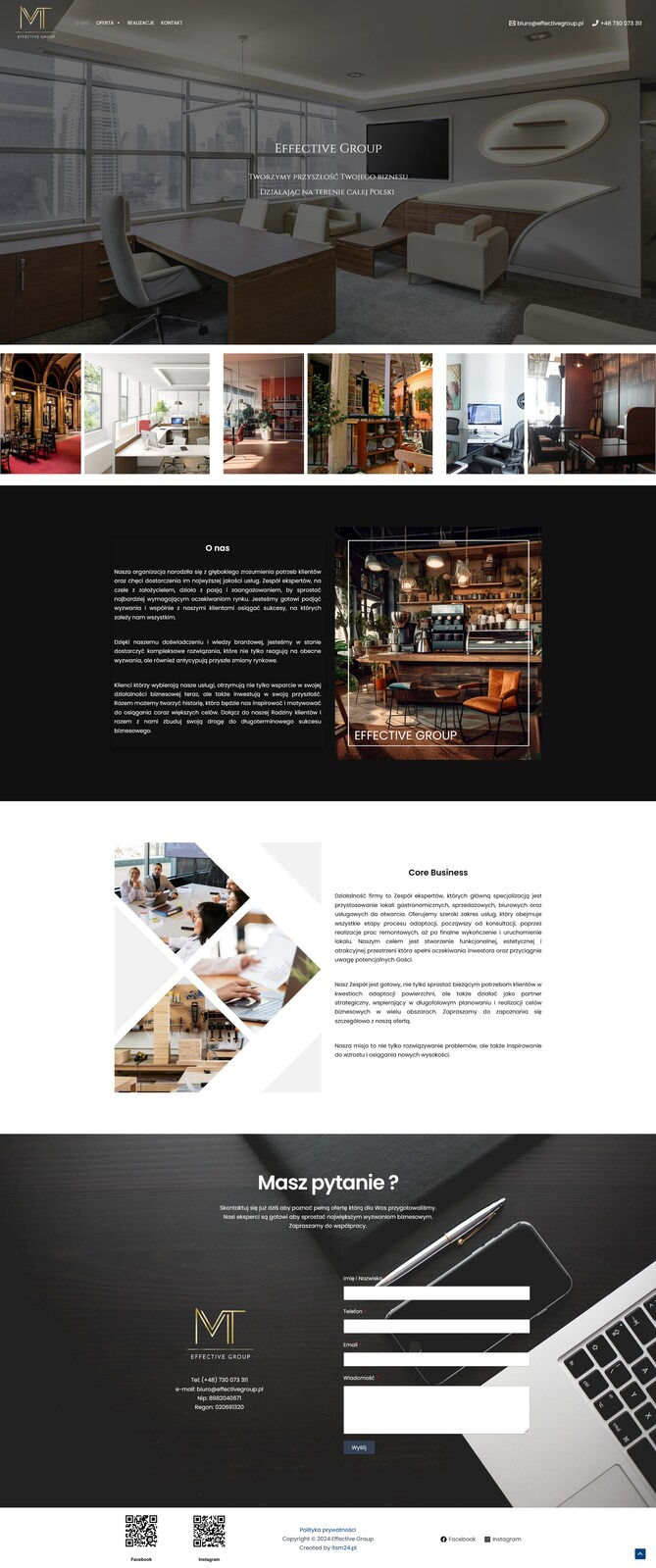 Projekt strony internetowej firmy Effective Group z widokiem na wnętrze biura z dużym oknem i nowoczesnym wyposażeniem, prezentujący ofertę firmy w zakresie tworzenia stron i sklepów internetowych.