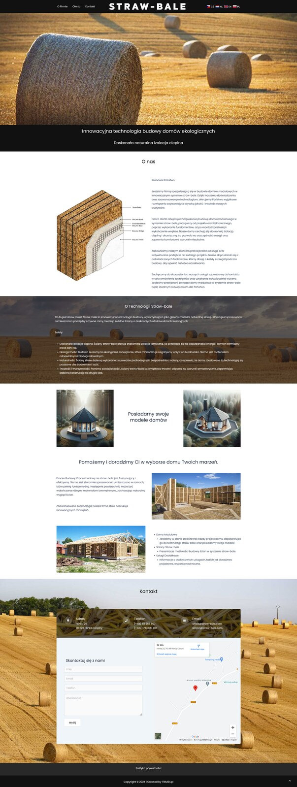 Strona internetowa firmy budującej domy ekologiczne ze słomy, prezentująca bele słomy na polu w tle, z nagłówkiem STRAW-BALE i informacjami o technologii budowy.