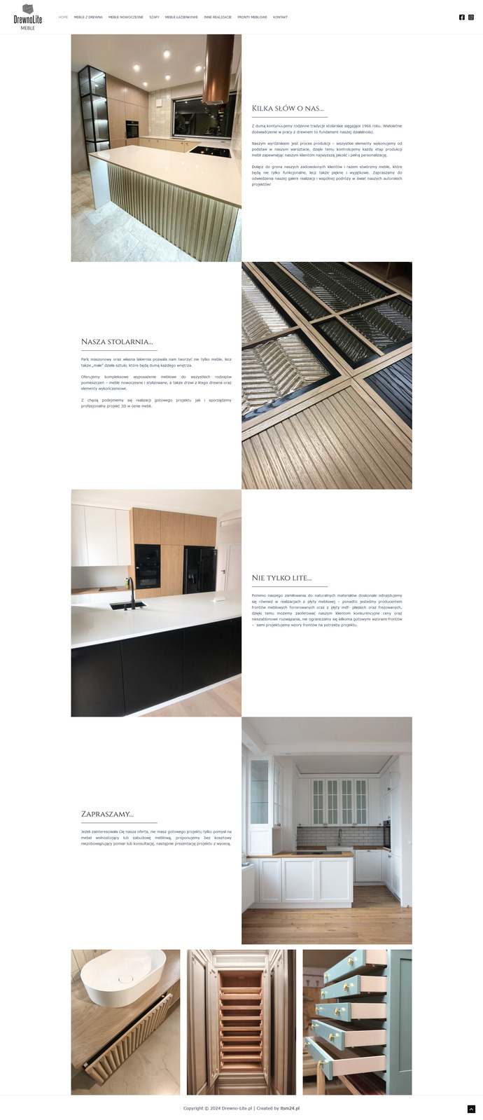 Strona internetowa firmy meblarskiej DrewnoLite prezentująca aranżacje kuchni z wyspą, zabudowy kuchenne i detale wykończenia szafek.