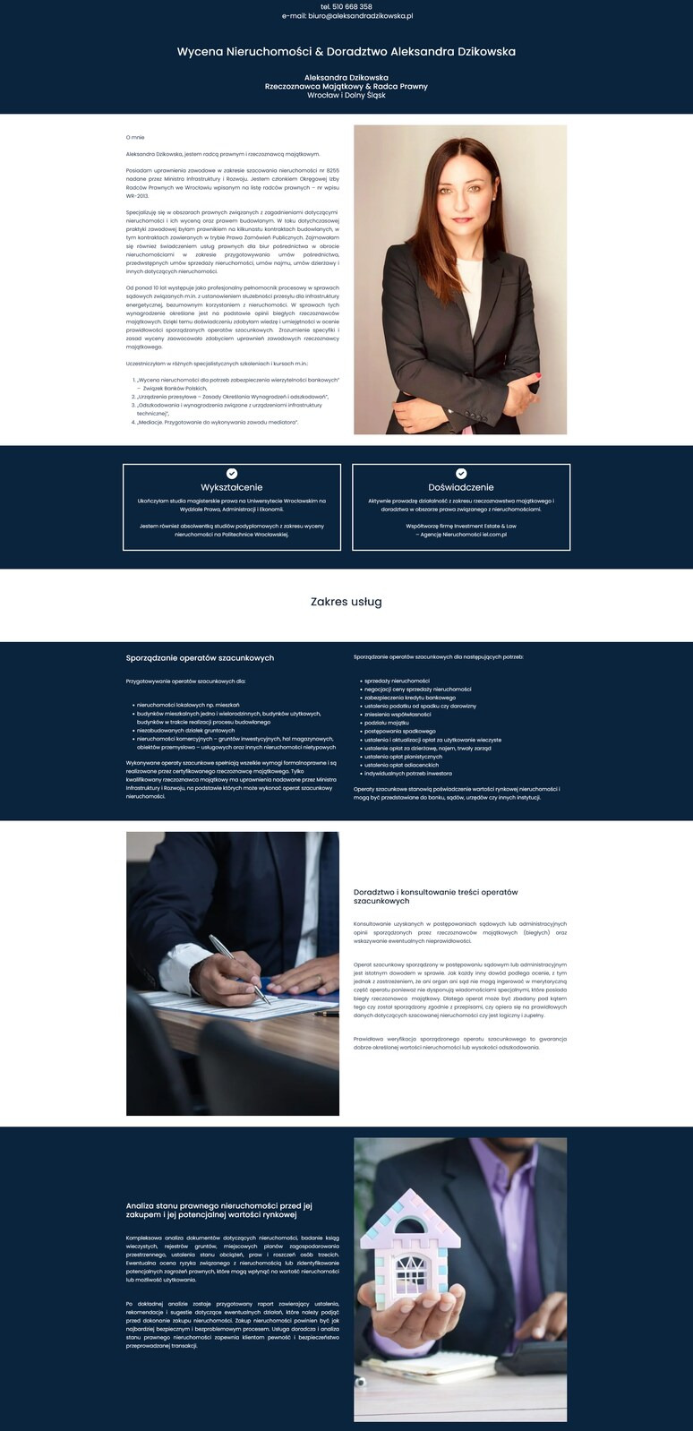 Fragment strony internetowej z ofertą usług rzeczoznawcy majątkowego, prezentujący zakres usług, wykształcenie i doświadczenie.