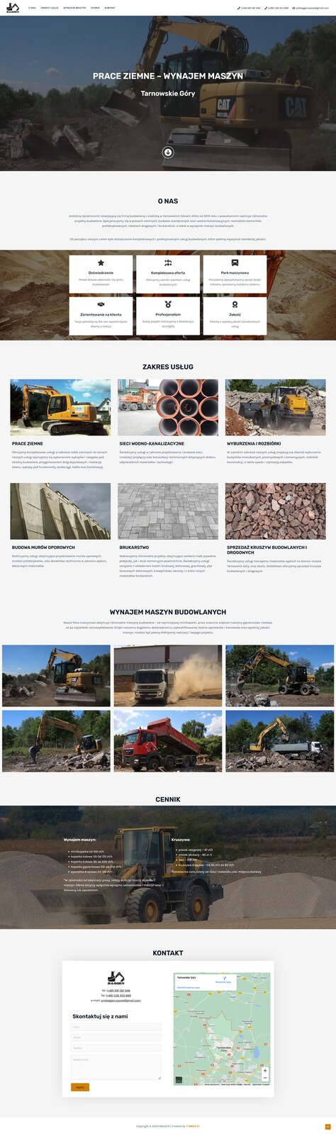 Strona internetowa firmy budowlanej z żółtą koparką i hasłem 'Prace ziemne - wynajem maszyn' w nagłówku.