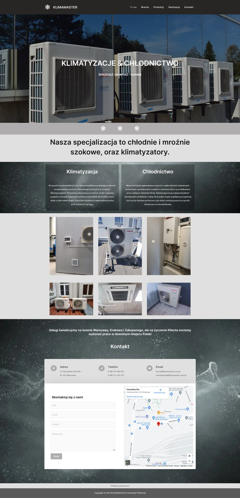 Strona internetowa firmy oferującej klimatyzację i chłodnictwo, prezentująca szereg klimatyzatorów na zewnątrz budynku.