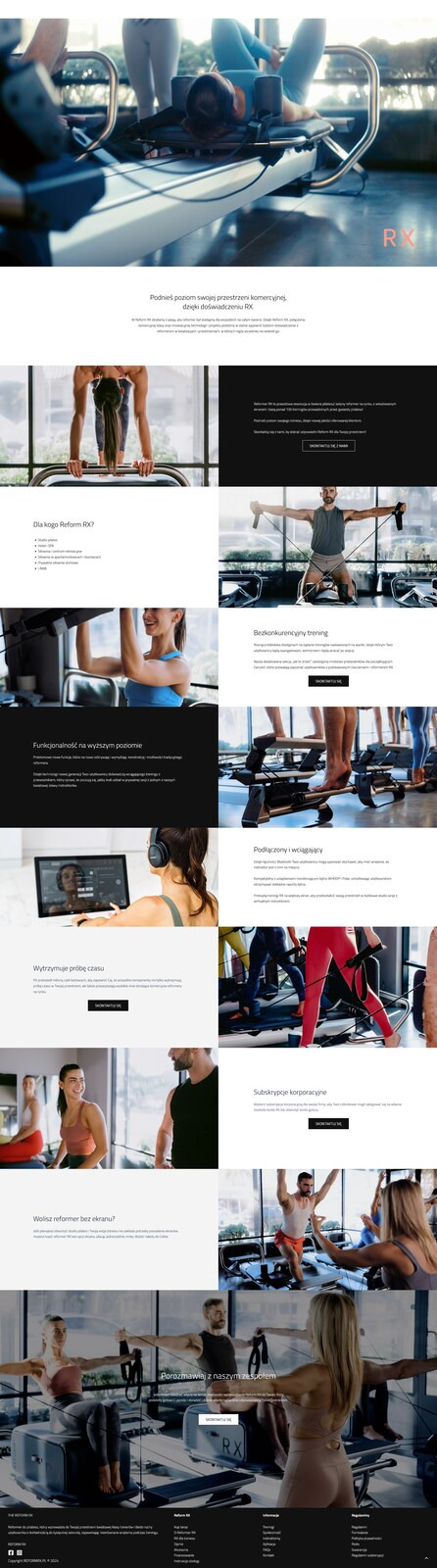 Fragment strony internetowej z elementami graficznymi prezentującymi ćwiczenia na reformerze do pilatesu, z tekstem w języku polskim.