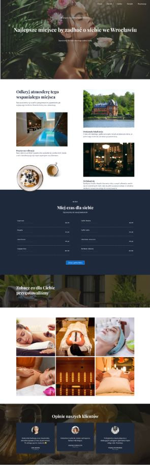 Strona internetowa spa z motywami roślinnymi i ofertami zabiegów relaksacyjnych we Wrocławiu, widoczne zdjęcia masaży, sauny i opinii klientów.