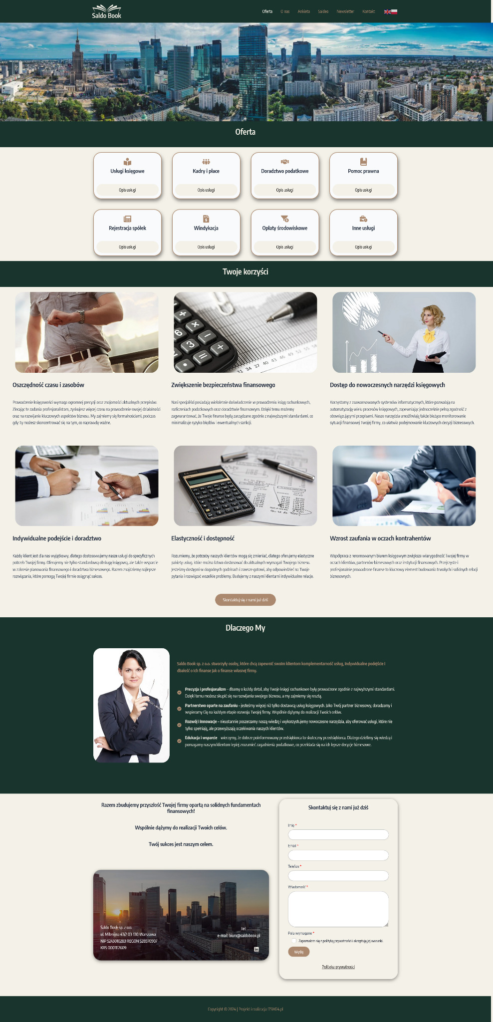 Strona internetowa firmy oferującej usługi księgowe z widokiem na panoramę Warszawy w tle. Sekcje z ofertą, korzyściami i formularzem kontaktowym.