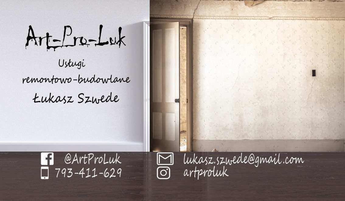 Grafika przedstawiająca logo firmy Art-Pro-Luk oferującej usługi remontowo-budowlane, z widocznymi danymi kontaktowymi oraz fragmentem wnętrza z otwartymi drzwiami i ścianą wymagającą odnowienia.