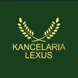 Złote logo kancelarii prawnej Lexus na ciemnozielonym tle, z motywem dwóch skrzyżowanych gałązek oliwnych powyżej nazwy.
