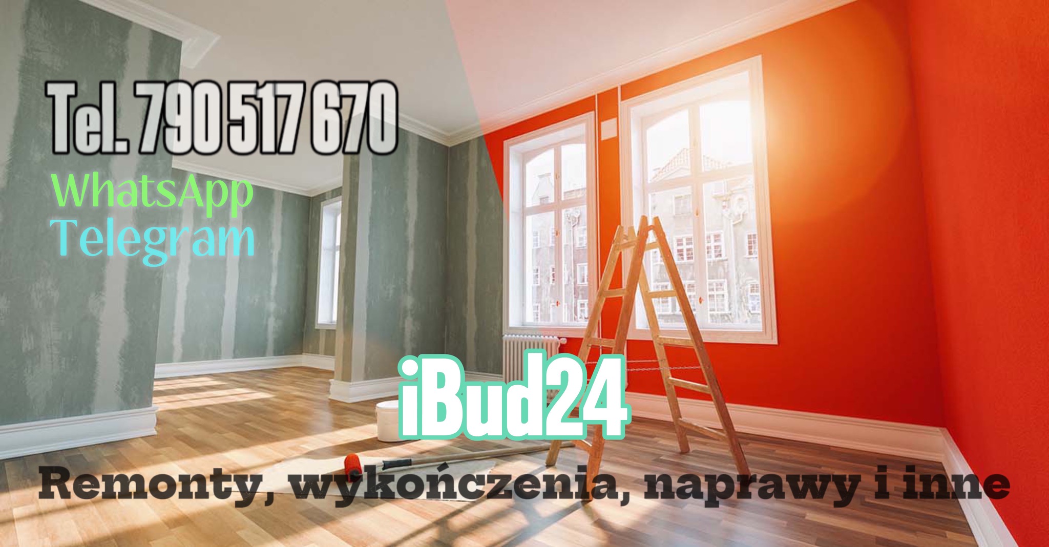 Pokój w trakcie prac wykończeniowych: jedna ściana pomalowana na intensywny czerwony kolor, druga w trakcie szpachlowania, drewniana drabina oparta o ścianę, wiadro z farbą na podłodze, widoczne...