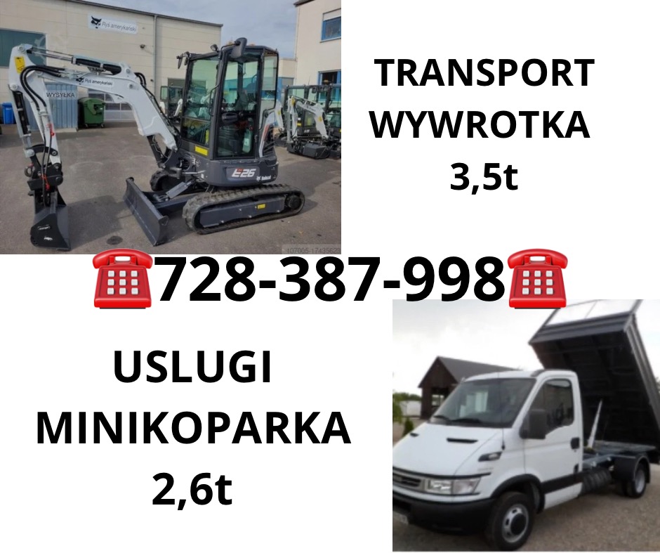Usługi minikoparką 2,6t i transport wywrotką 3,5t. Na zdjęciu minikoparka Bobcat E26 i biała wywrotka Iveco z podniesioną skrzynią. Kontakt: 728-387-998.