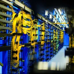 Rząd serwerów w serwerowni z niebieskimi szafami i żółtymi kablami światłowodowymi, widok z perspektywy korytarza.