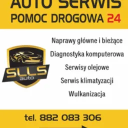 Żółto-biała reklama auto serwisu z logiem i numerem telefonu oraz listą usług: naprawy, diagnostyka komputerowa, serwisy olejowe, serwis klimatyzacji i wulkanizacja.