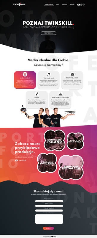Projekt strony internetowej twinskill.pl z elementami multimedialnymi, prezentujący ofertę firmy, w tym zdjęcia z dronów i relacje z eventów.