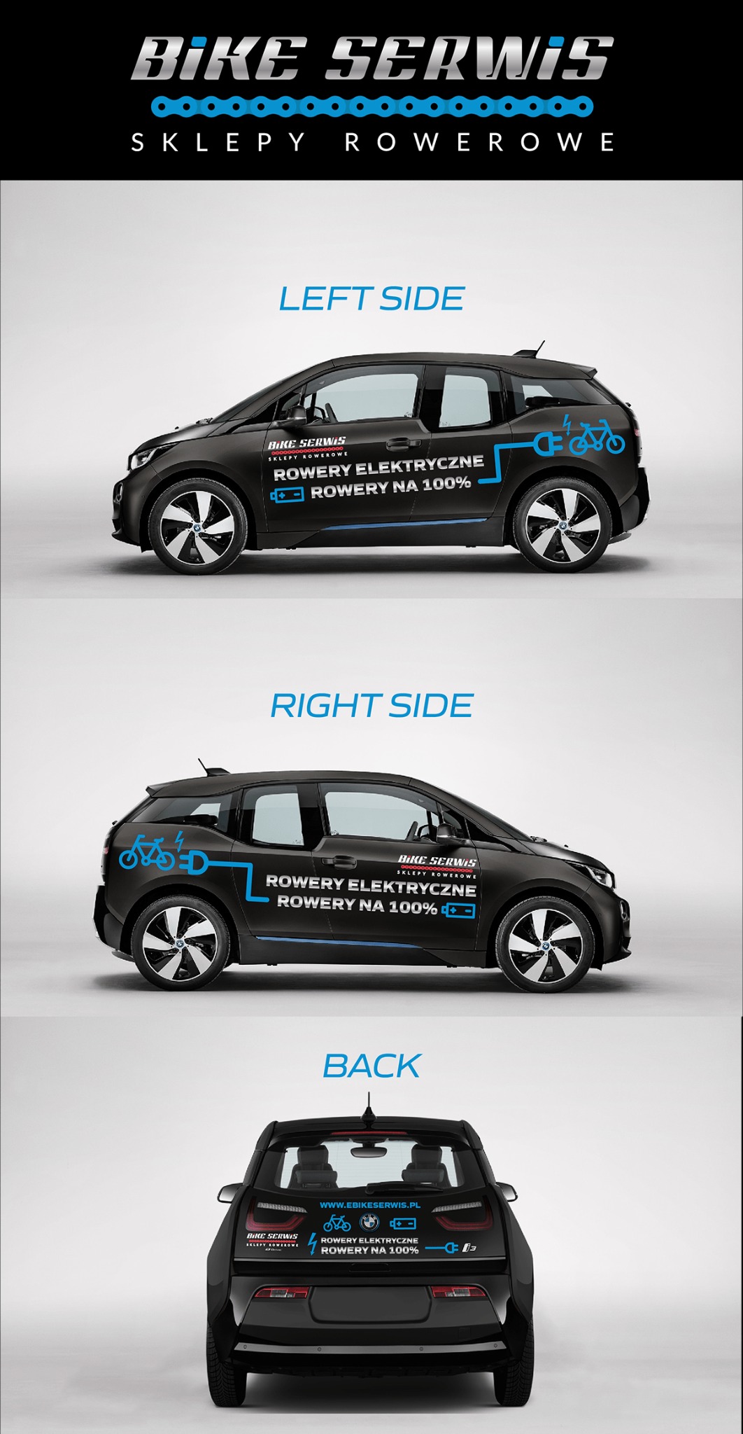 Projekt oklejenia samochodu Bike Serwis z logo i hasłem 'Rowery elektryczne, rowery na 100%', widok z lewej, prawej strony i z tyłu na jasnym tle.