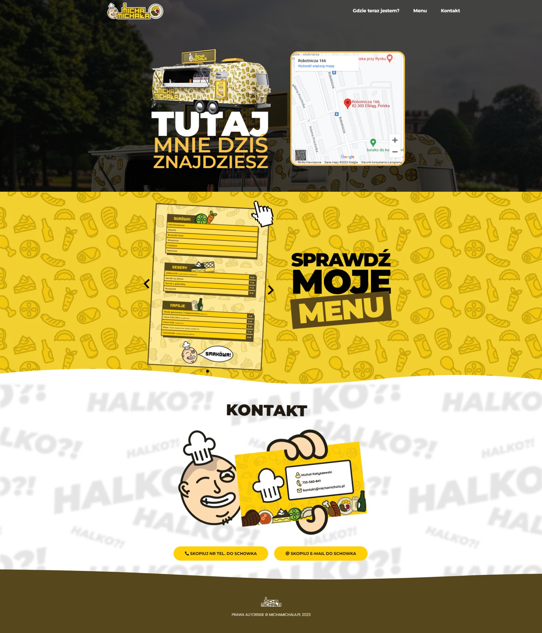 Zrzut ekranu strony internetowej Micha Michała prezentujący food truck z menu i mapą lokalizacji, utrzymany w żółtej kolorystyce z ilustracjami jedzenia.