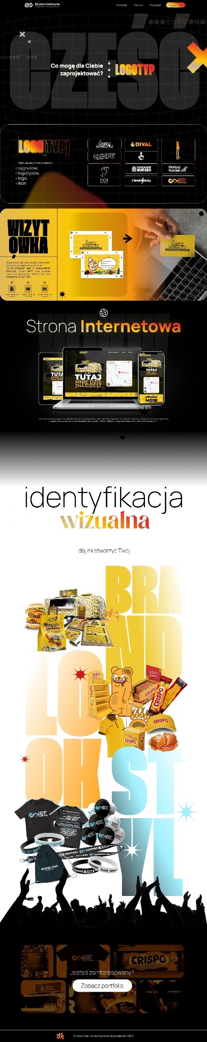 Przykłady projektów graficznych, w tym logotypów, wizytówek, stron internetowych i identyfikacji wizualnej marki Crispo, zaprezentowane na stronie internetowej Studia Graficane.