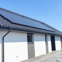 Nowoczesny dom jednorodzinny z panelami słonecznymi na dachu, widok z boku, na pierwszym planie iglak, w otwartym garażu stoi mężczyzna.