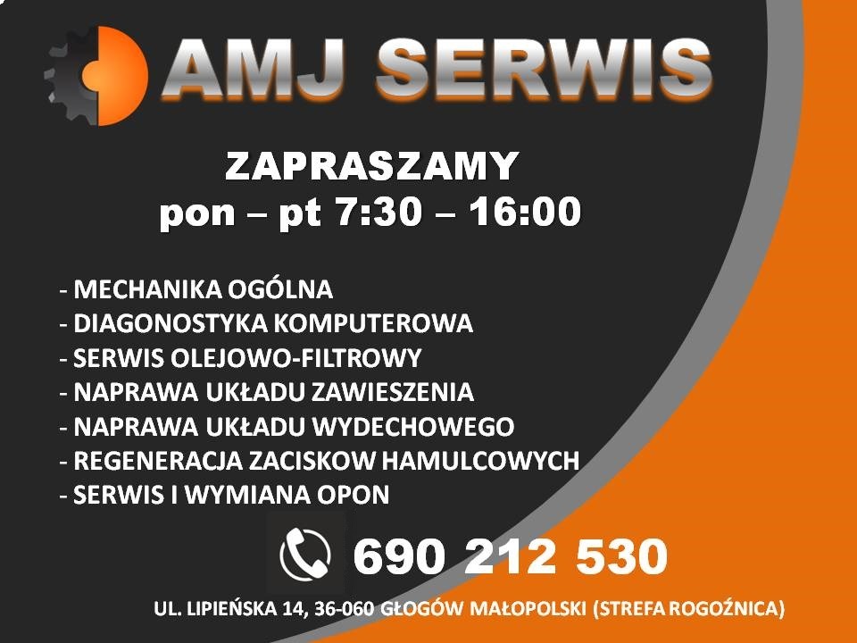AMJ Serwis: grafika reklamowa warsztatu samochodowego z listą usług, numerem telefonu i adresem w Głogowie Małopolskim, z informacją o godzinach otwarcia poniedziałek-piątek 7:30-16:00.