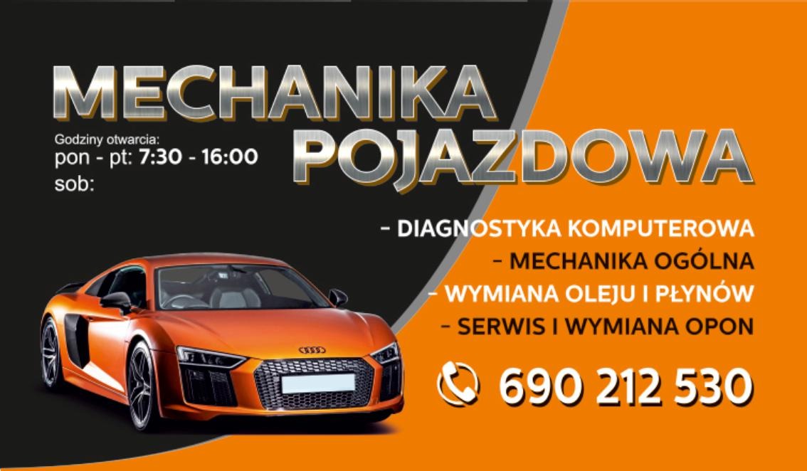 Reklama warsztatu samochodowego: pomarańczowe Audi R8, godziny otwarcia, diagnostyka komputerowa, wymiana oleju i opon, numer telefonu.