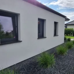 Elewacja domu z trzema ciemnymi oknami, czarnym kamieniem i ozdobnymi trawami wzdłuż ściany.