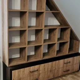 Drewniany regał z szufladami wkomponowany pod skos dachu, z widoczną strukturą drewna i czarnymi uchwytami szuflad, na podłodze z paneli.