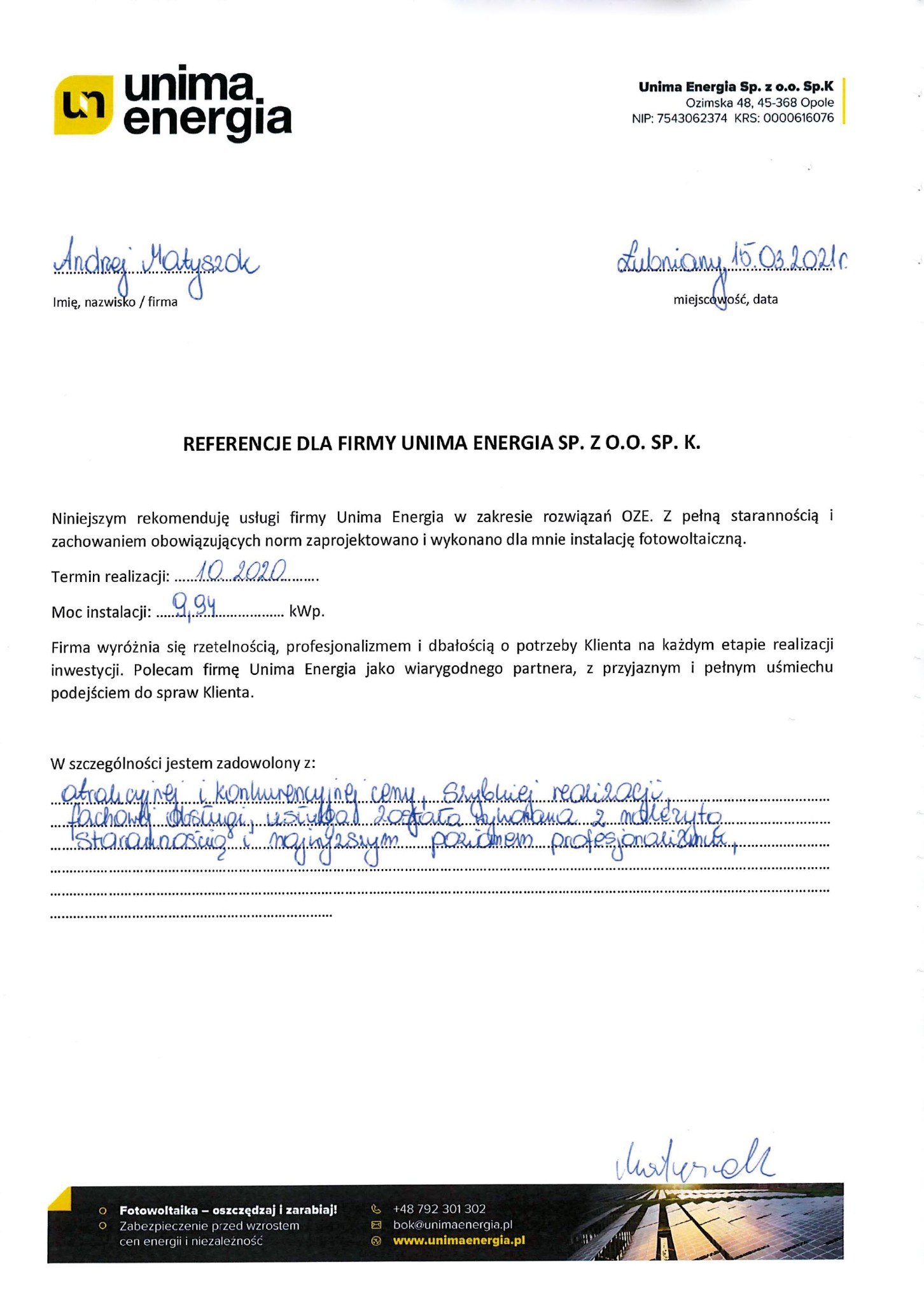 Skan referencji dla firmy Unima Energia Sp. z o.o. Sp. K. z Lubnian, datowany na 15.03.2021, potwierdzający wykonanie instalacji fotowoltaicznej o mocy 9,94 kWp w październiku 2020 roku.