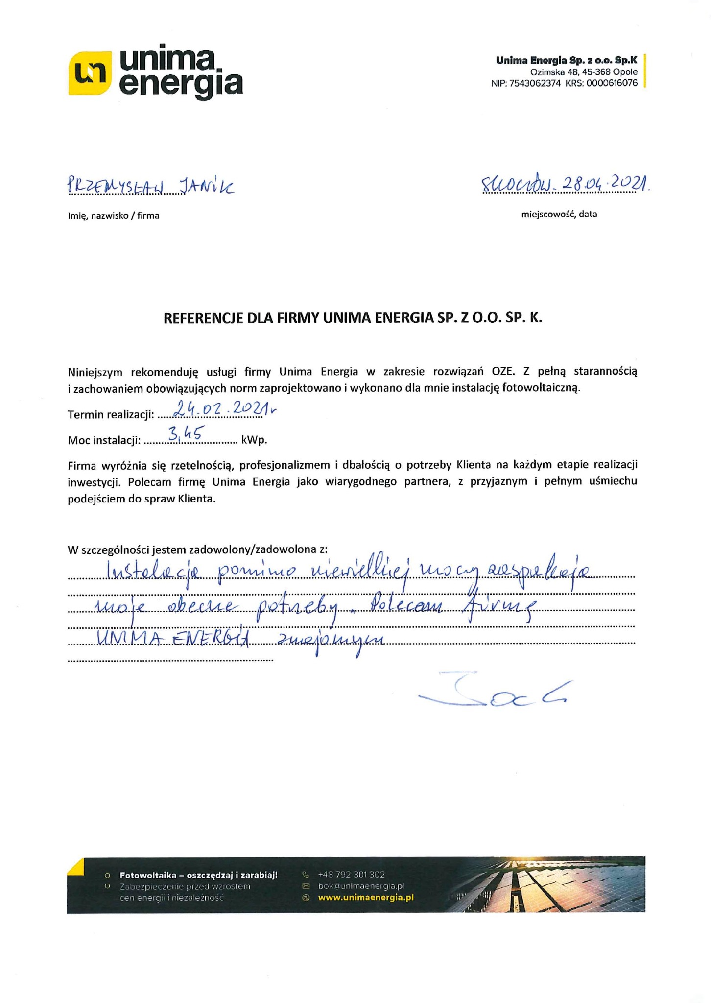 Skan dokumentu referencyjnego dla firmy Unima Energia Sp. z o.o. Sp.K., z datą 28.04.2021, zawierający odręczne pismo klienta polecającego usługi w zakresie instalacji fotowoltaicznej o mocy 3,45...