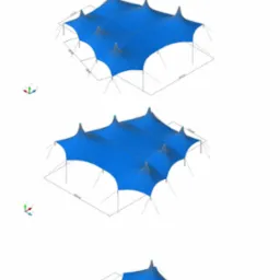 Wizualizacja 3D konstrukcji hali namiotowej z niebieskim dachem, prezentowana w czterech różnych perspektywach z widocznymi wymiarami.