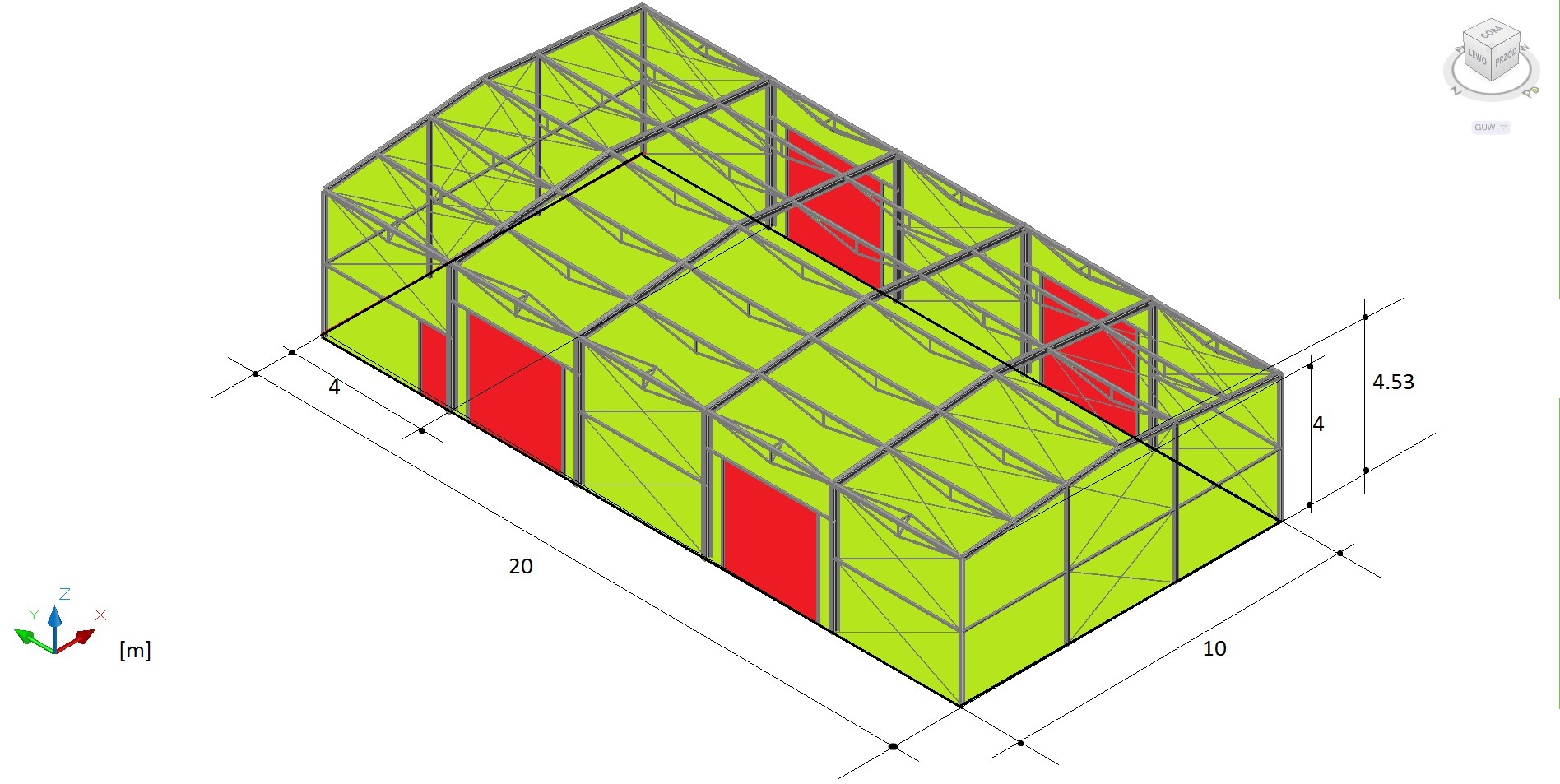 Wizualizacja 3D hali z konstrukcją stalową, wymiary 20x10x4.53 metra, z zaznaczonymi na czerwono potencjalnymi miejscami na drzwi.