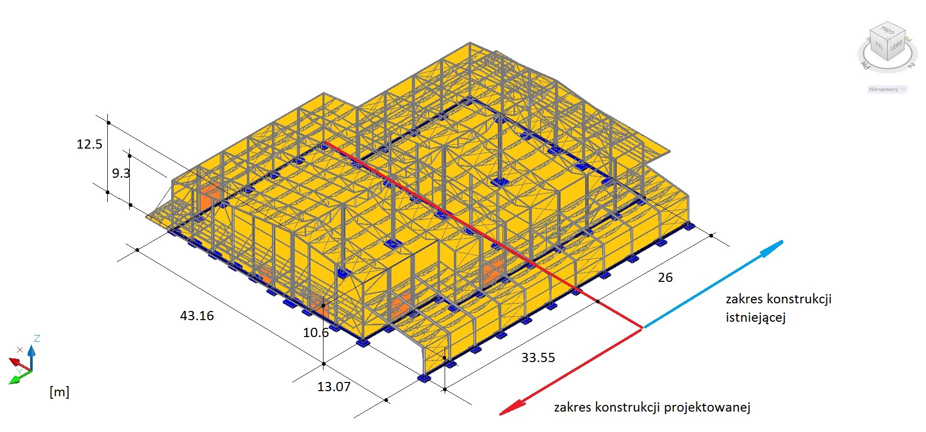 Wizualizacja 3D szkieletu hali przemysłowej z zaznaczonym zakresem konstrukcji istniejącej (niebieska strzałka) i projektowanej (czerwona strzałka) wraz z wymiarami w metrach.