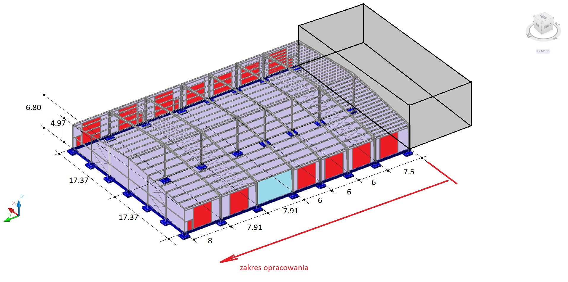 Wizualizacja 3D szkieletu hali stalowej z wymiarami, prezentująca konstrukcję nośną, obudowę w kolorze czerwonym i niebieskim, oraz schematyczny blok przylegający, ukazana w rzucie izometrycznym...