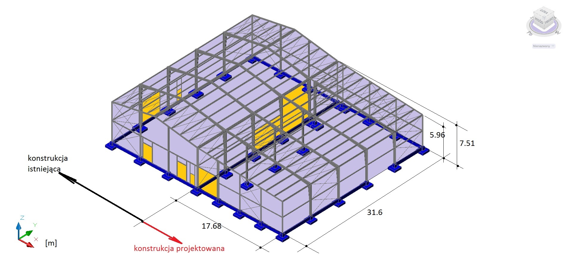 Wizualizacja 3D szkieletu hali stalowej z zaznaczonymi wymiarami i oznaczeniem istniejącej i projektowanej konstrukcji.